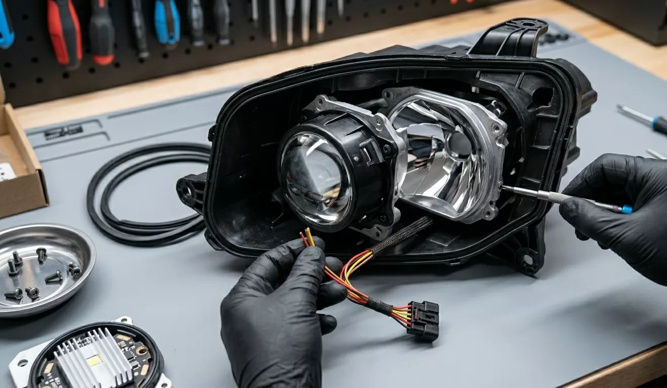 Ремонт внутри фары (технический крупный план)